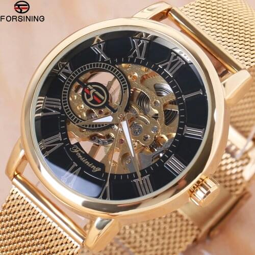 Forsining Transparent Case 2018 Fashion 3D Logo Engraving Golden Stainless Steel Men Mechanical Watch Top Brand Luxury Skeleton