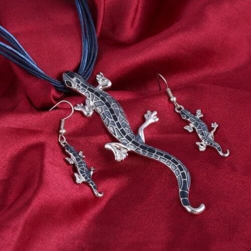 Fashion Jewelry Set Multilayer Leather Rope Chain lizard Pendant Necklace Earrings Jewelry Set Factory Wholesale Jewelry