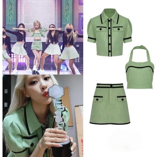 Kpop Korean ROSE Slim Strapless Sling Vest Lapel Short Sleeve Shirts BLouses Tops+Casual High Waist A-Line Mini Skirts Women Set