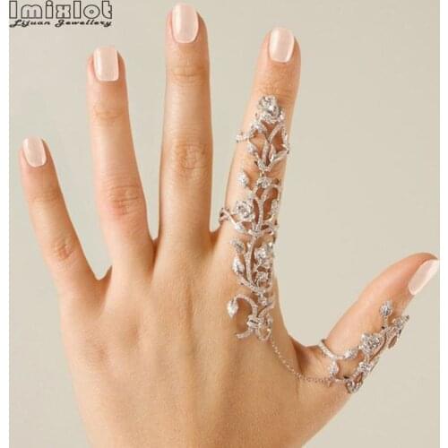 Hot-Selling Occident Women Chic Alloy+Rhinestone Shiny Crystal Floral Ring Celebrity Party Connect Full 2 Finger Rings