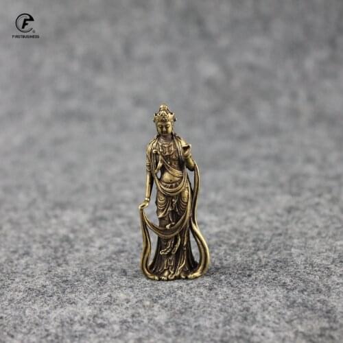 Copper Buddha Figurines Ornaments Desk Decorations Handmade Brass Goddess of Mercy Key Ring Pendant Home Decor Craft Tea Pet