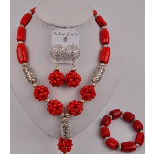 Fashion Red Coral Beads Nigerian Jewelry Set African Wedding Coral Necklace Bridal Jewelry Sets 12-S-03