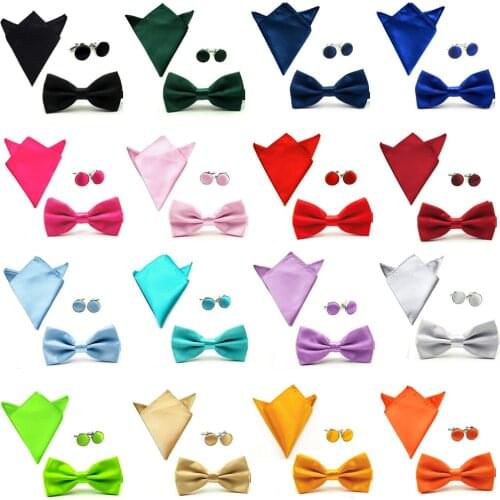 Men Solid Plain Satin Bowtie Pocket Square Cufflink Set Handkerchief Bow Tie Lot BWSET0508