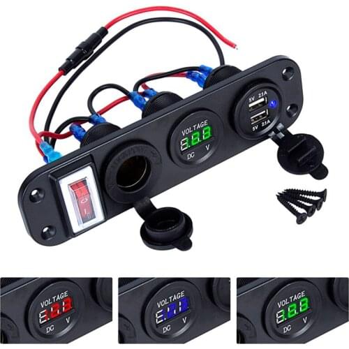 New Durable 4 in 1 Digital Voltage 12V Power Socket Dual USB Charger Adapter Cigarette Lighter Socket with Rocker Switch#292504