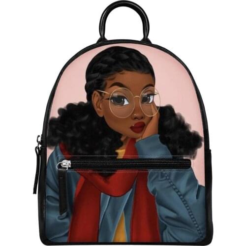 HYCOOL Zipper PU Leather Backpack African Art Black Girl Pattern Tote Convinent Bags for Woman Teenage Girls Daily Leasure Bag