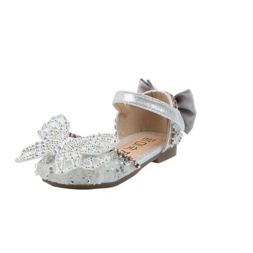 2021 Rhinestone Butterfly Girls Sandals Princess Shoes Girls Leather Shoes Leather Pearl Children Flat Heel Shoe