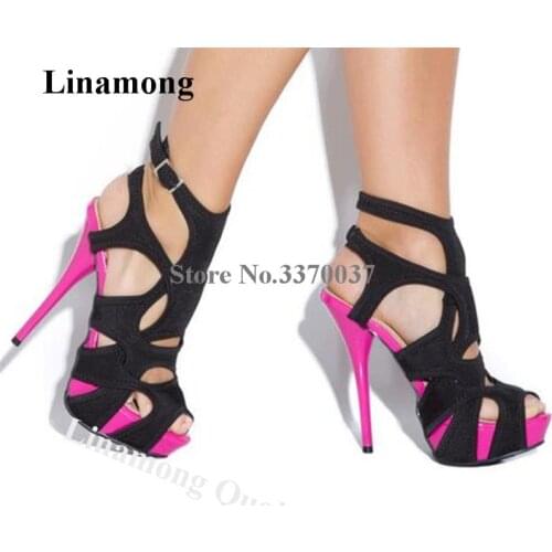 Linamong Newest Fashoin Open Toe Patchwork High Platform Stiletto Heel Gladiator Sandals Cut-out Rose Red High Heel Sandals