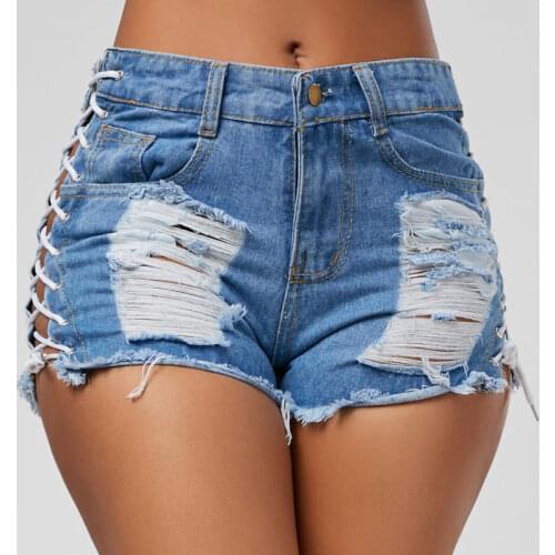 Sexy Women Denim Shorts 2020 Summer New Black Blue High Waist Ripped Short Casual Jeans Tassel Lace Up Bandage Hotpants