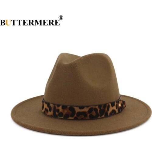 Fedoras Hat Women Wide Brim Felt Hat Ladies Tweed Khaki Jazz Cap Female Leopard Winter Elegant Pork Pie Hat
