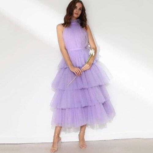 Blue Yellow Lilac Short Prom Dresses 2021 High Neck Backless Graduation Dress Tiered Cake Skirt Boho Evening Party Gowns Cheap