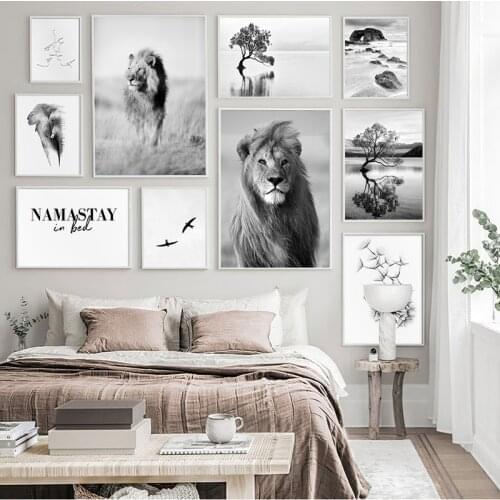 Scandinavian Nature Landscape Canvas Painting Black White Lion Tree Wall Art Canvas Painting Nordic Print Modern Picture Decor