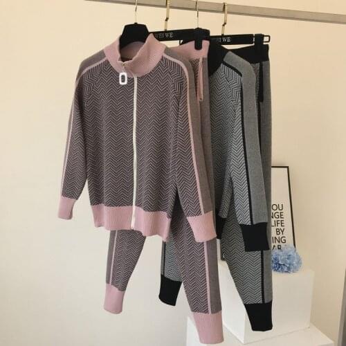 Autumn New Women Knitting Tracksuit Zipper Cardigans + Pants Female Winter Fashion Design 2pcs Sports Set