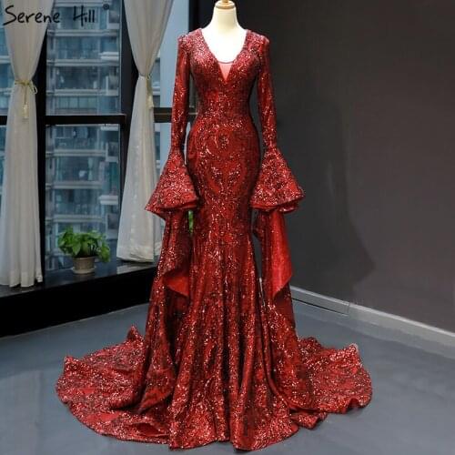 Wine Red V-Neck Sequined High-end Evening Dresses 2020 Long Sleeve Sparkle Sexy Evening Gowns Real Photo 66740
