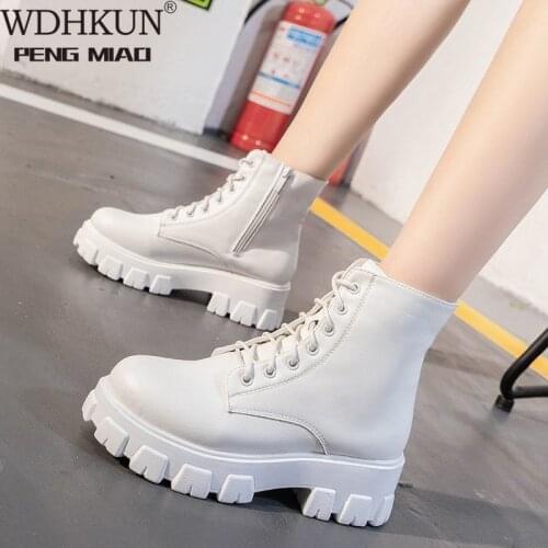 WDHKUN Women Ankle Boots Platform Round Toe 5cm Heel Lace Up and Zip Fashion Shoes for Woman Botas Mujer Plus Size 35-43