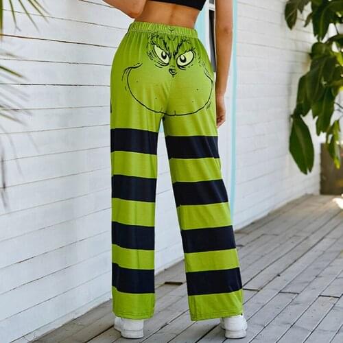 Women Christmas Grinch Striped Pajama Pants Harajuku Cute Cartoon Mid Waist Wide Leg Animal Print 2021 Elastic Casual Trousers