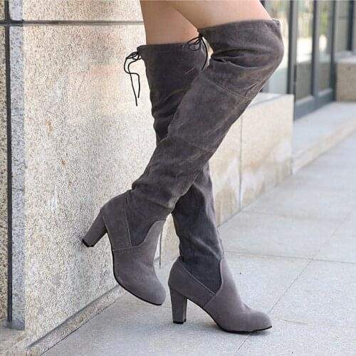 Women Thigh High Boots Fashion Suede Leather High Heels Lace up Female Over The Knee Boots Plus Size Shoes Drop Shipping 2020