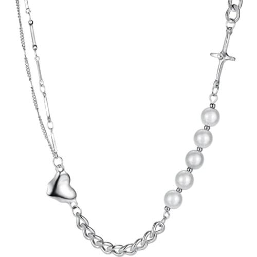 Women Necklace Pearl Chain Heart Charm Pendant Stainless Steel Bling for Gifts Jewelry 18 Inch