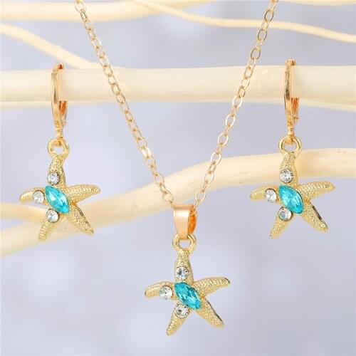 1Pair New Cute Blue Zircon Star Starfish Hoop Earrings For Women Bohemia Shiny Crystal Geometric Necklace Chain Beach Jewelry