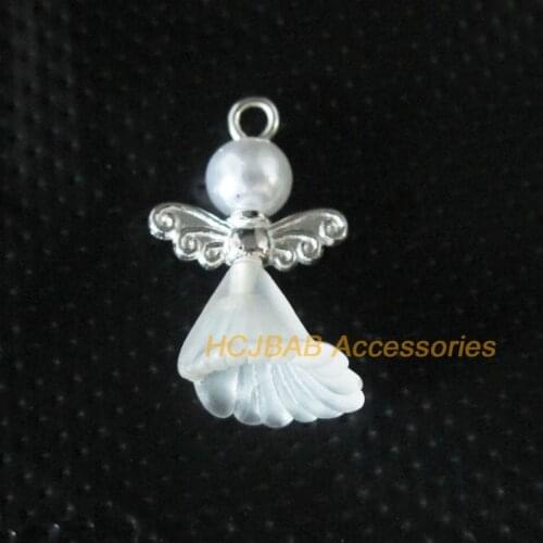 25Pcs Silver Plated Wings White Beads Dancing Angel Charms Pendants 14x24mm