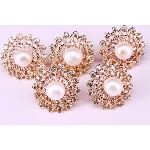 6Pair Gold Color Fashion Women Earrings Micro Pave Clear Zircon Freshwater Pearl Flower Stud Earrings Jewelry
