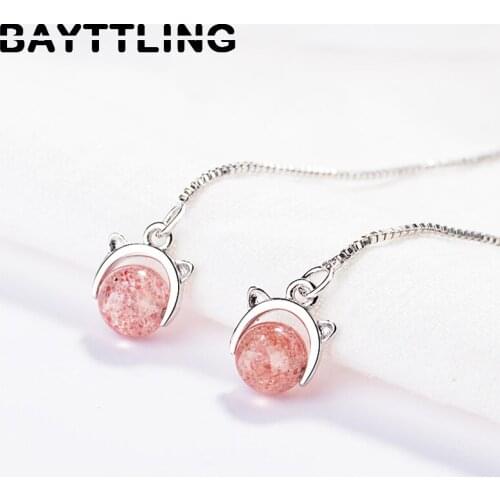 BAYTTLING 925 Sterling Silver Elegant Strawberry Crystal Cat Tassel Drop Earrings For Women Fashion Wedding Jewelry Couple Gift
