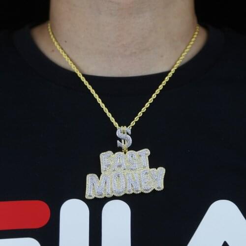 Large Big Letters FAST MONEY Pendant with Rope Chain Necklaces & Pendant For Men Women Gold Color Cubic Zircon Hip Hop Jewelry