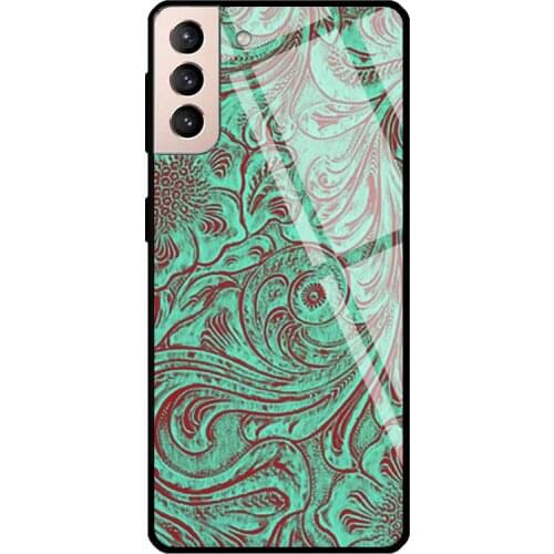 Western Floral Tooled Print Tempered Glass Case For Samsung Galaxy S21 Ultra Note 20 S8 S9 S10 Note 10 Plus S20 FE