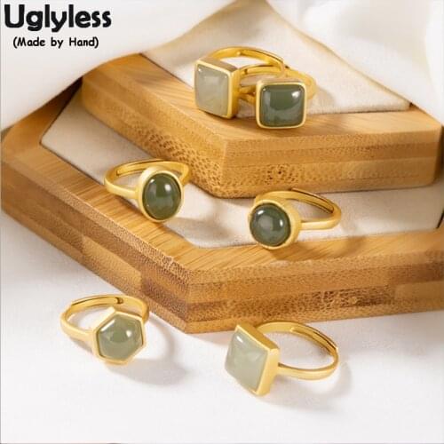 Uglyless Nature Jade Multi Geometric Rings Pendants NO Chains for Women Simple Fashion Square Oval Rings 925 Silver Jewelry Sets