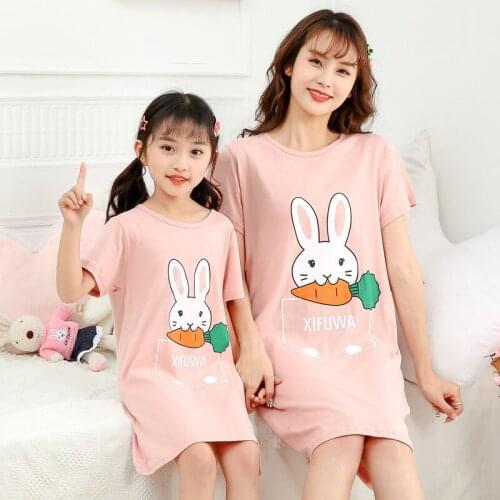 2021 Summer Sleep Dress For Parent-Child Girls Women Cute Cartoon Pattern Night Clothes Pajamas Short Sleeve Nightgown Vestidos