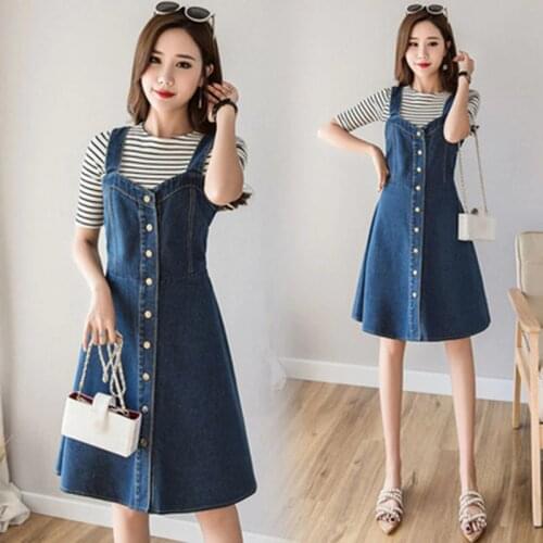 Trendy A-Line Single Breasted Short Denim Dress Summer Preppy Style Sundress Wide Strap Tank Jean Dress Plus Size Vestido Denim