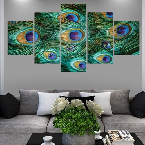 Blue Peacock Feather Picture Wall Art Canvas Painting 5 pieces Nordic Posters And Print Wall Pictures For Living Room Home Decor
