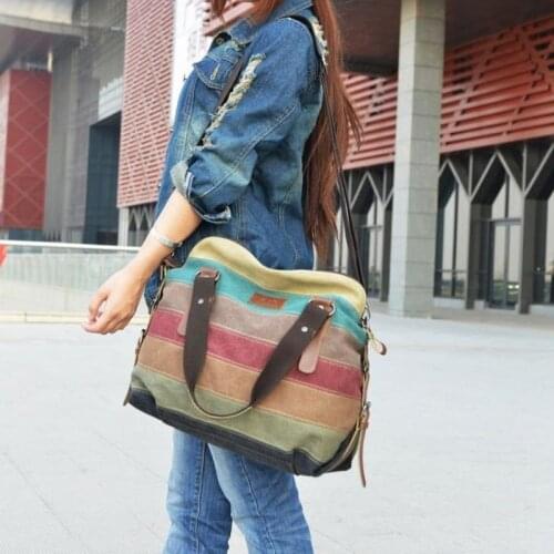 Popular New Womens Bag Panelled Canvas Lady Tote Large Capacity Shoulder Bag Rainbow Stripe Handle Bag Shopping Handbag bolsas