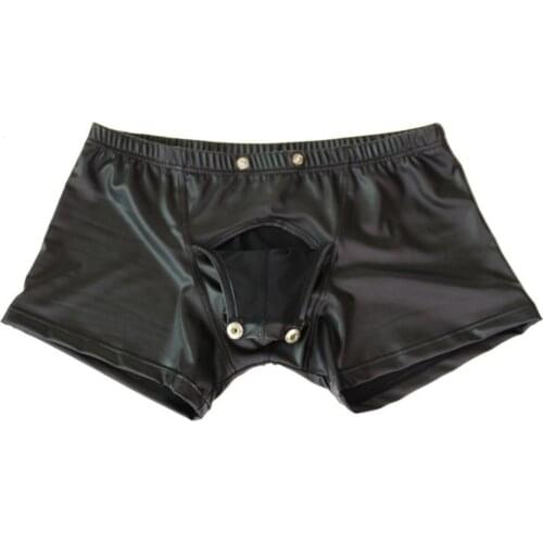 New Sexy Open Bulge Pouch Men\s Boxers Underwear Faux Leather Shorts Underpants