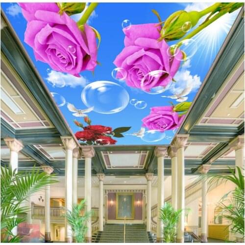 Custom photo 3d ceiling murals wall paper Blue sky rose flower dove room decor painting 3d wall murals wallpaper for walls 3 d
