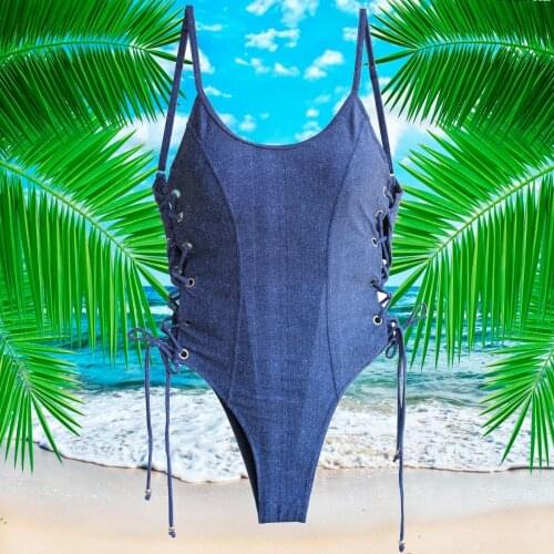 Light Blue One Piece Swimsuit Jeans Cowboy Denim Strings Side Blue Ties