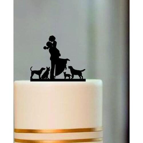 Wedding Cake Topper, Bride and Groom with a dog and cat Silhouette Cake topper, Mr. and Mrs. Wedding Decorations Supplies