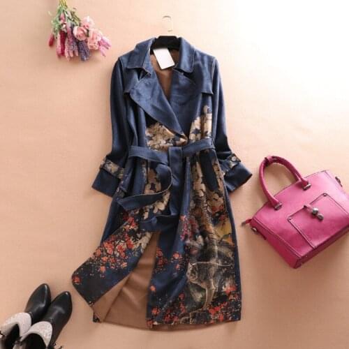 Trench Coat For Women Coat Windbreaker Printed Floral Long Suede Trench Coat Female Autumn Long Sleeve Long Coats Plus Size 3XL