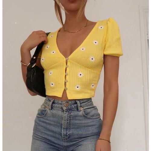 Yellow V-neck Harajuku Women T-Shirt knitting Crop Top Women Shirt Girls Ladies Tee Tops Vintage Dress Ribbed Embroidery flowers