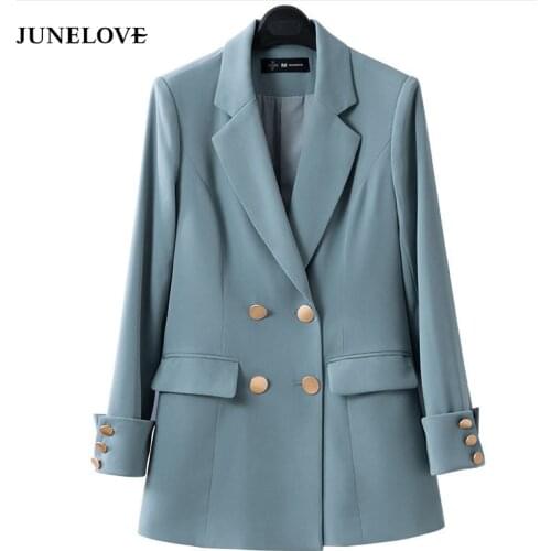 JuneLove Women 2021 Autumn Fashion Double Breasted Blazer Coat Female Vintage Long Sleeve Office Lady Pockets Outerwear Chic Top
