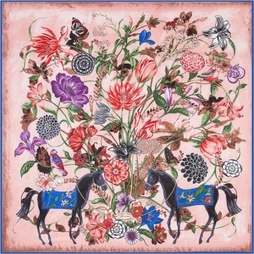 POBING Luxury Brand 100%Twill Silk Scarf Woman Square Scarves Wraps Flower Horse Print Silk Foulard Female Large Hijab 130CM