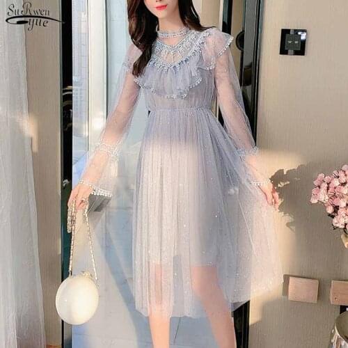 Elastic Waist Slim Shiny Sequin Mesh Mid-length Dress Spring New Sweet Women Fashion Flare Sleeve Ruffle Stitching Dress 12350