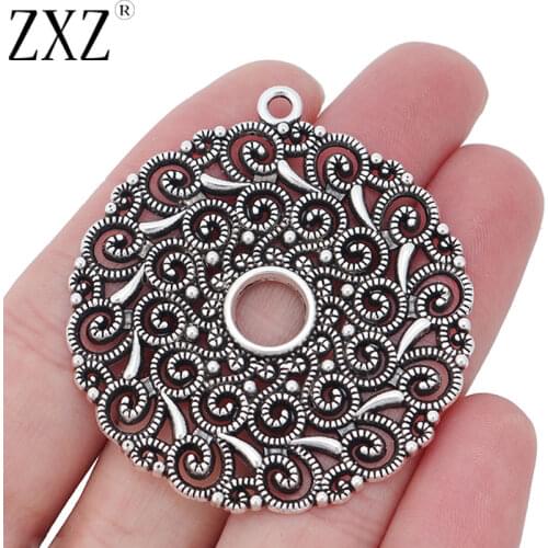 ZXZ 5pcs Tibetan Silver Large Hollow Open Round Circle Flower Spiral Swirl Charms Pendants for Jewelry Making Findings 53x48mm