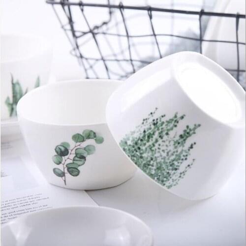 1pc Green Plant Square Bowl Household Rice Bowl Ceramic Tableware Creative Porcelain Salad Dish Eating Bowl