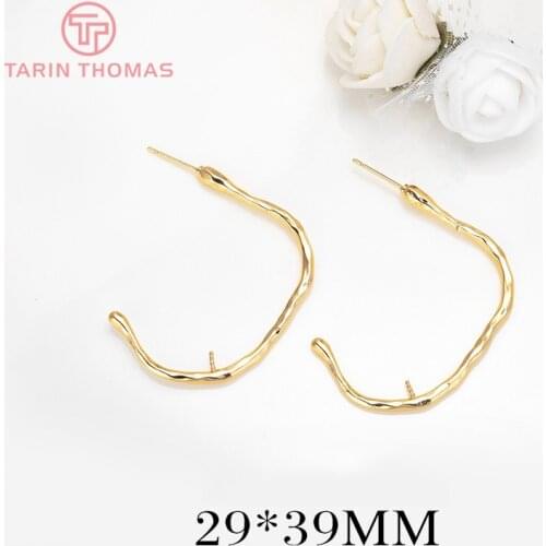 2PCS 29x39MM 24K Gold Color Plated Brass Fashion Stud Earrings with Hlaf Pins High Quality DIY Jewelry Making Findings