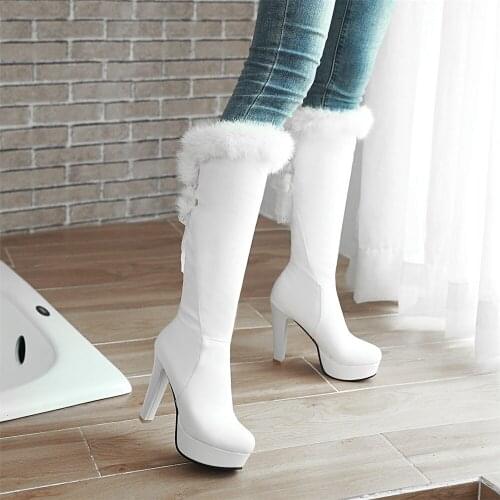 2020 NEW Fashion Fur Knee High Boots Womens Winter Boots Thick High Heel Long Boots Round Lace-up Autumn Shoes Woman Black White