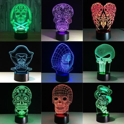 3D LED Color Night Light Changing Lamp Halloween Skull Light Acrylic 3D Hologram Illusion Desk Lamp For Kids Gift Dropship