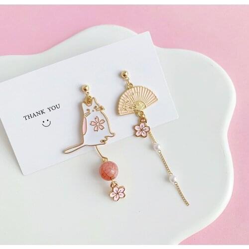 Japanese and Korean super fairy earrings cat fan earrings asymmetrical girl flower tassel earrings