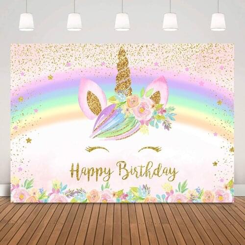 Unicorn Flowers Happy Birthday Background Party Decor Rainbow Floral Unicorn Pink Photography Backdrop Twinkle Colorful Stars