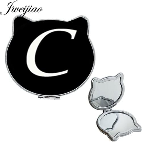 JWEIJIAO 26 Letters of an Alphabet Black and White Cat Ear Shaped Makeup Mirror Folding White Leather Travel Purse Pocket Mirror