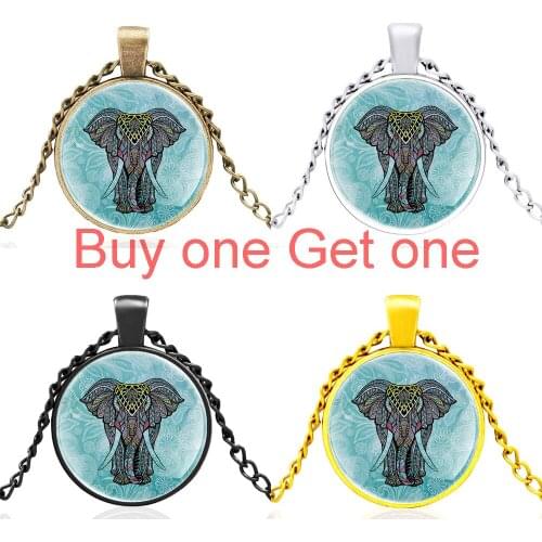 Classic Indian Elephant Design Black Glass Dome Pendant Necklace Men Women Jewelry Accessories Best Gifts